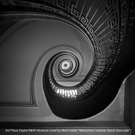 3rd Place Digital B&W Advance Level by Mitch Keller - Mechanics' Institute Spiral Staircase